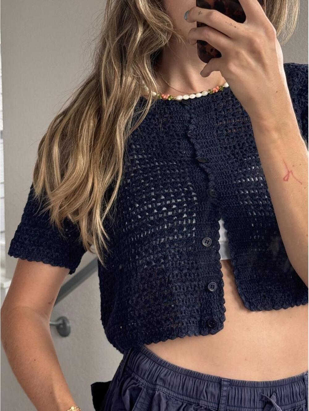 Vintage navy crochet cardigan with button-up front and short sleeves